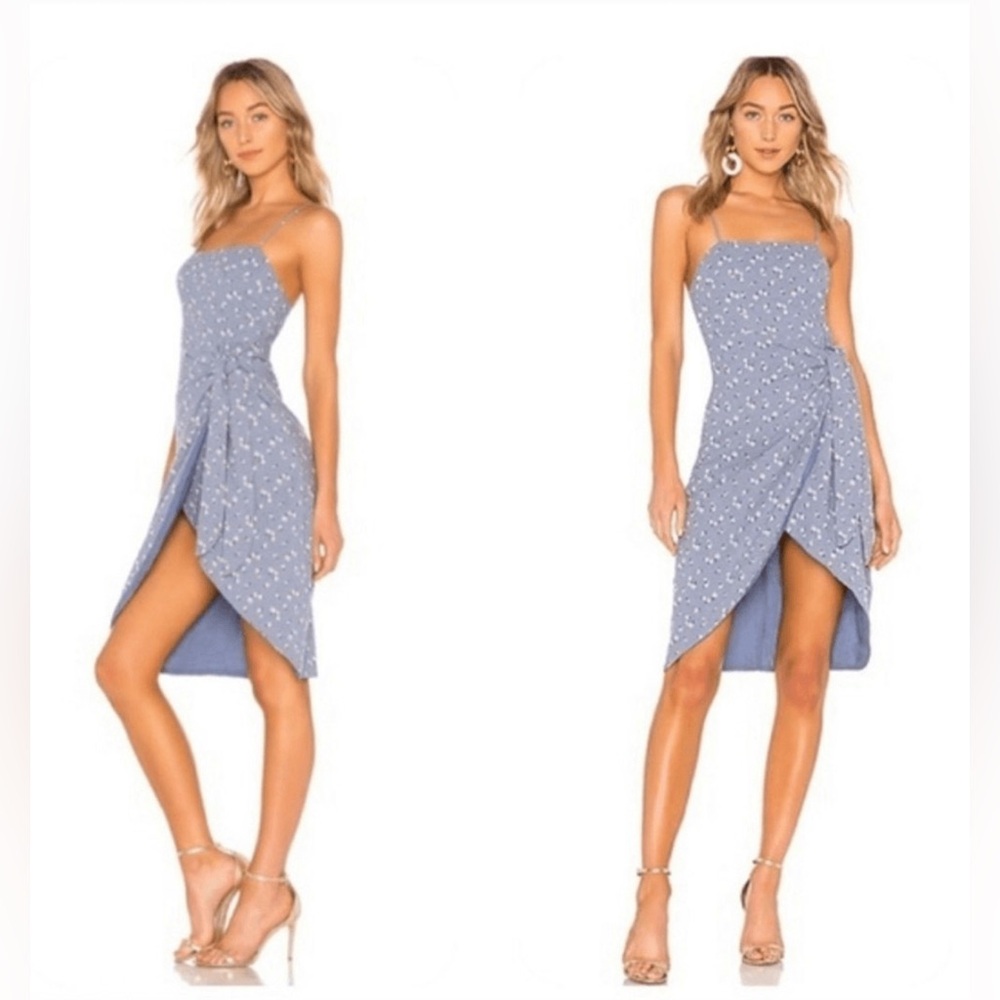 Revolve Majorelle Anna Dress Blue wrap with white flowers, cotton linen XXS